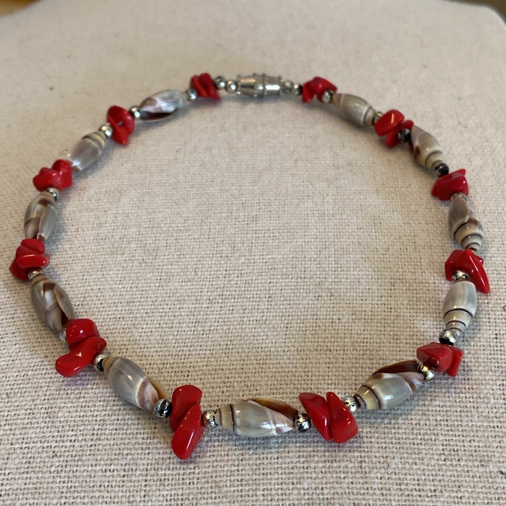 Elegant Red Coral, Shell and Silver Beaded Anklet